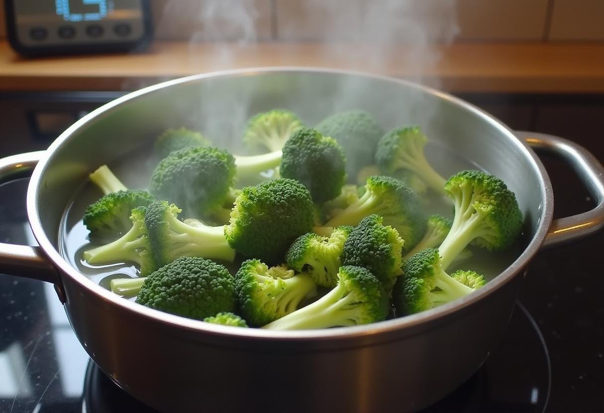 Broccoli florets being blanched for the Galette au Brocoli et Fromage recipe.