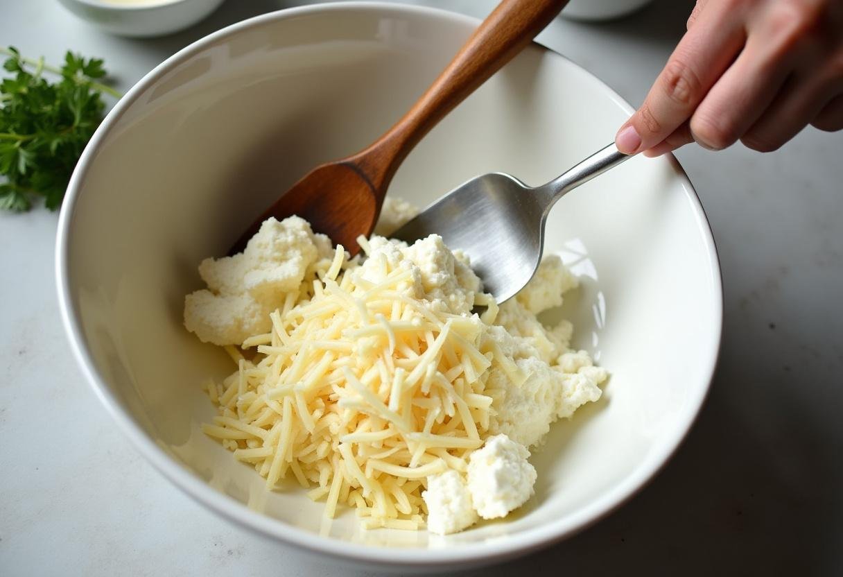 Cheeses being mixed together in preparation for Galette au Brocoli et Fromage filling.