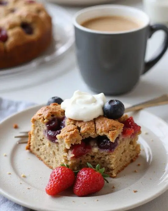 Gâteau Santé Petit-Déjeuner à l'avoine et au yaourt, une part délicieuse servie avec des fruits frais et du yaourt.