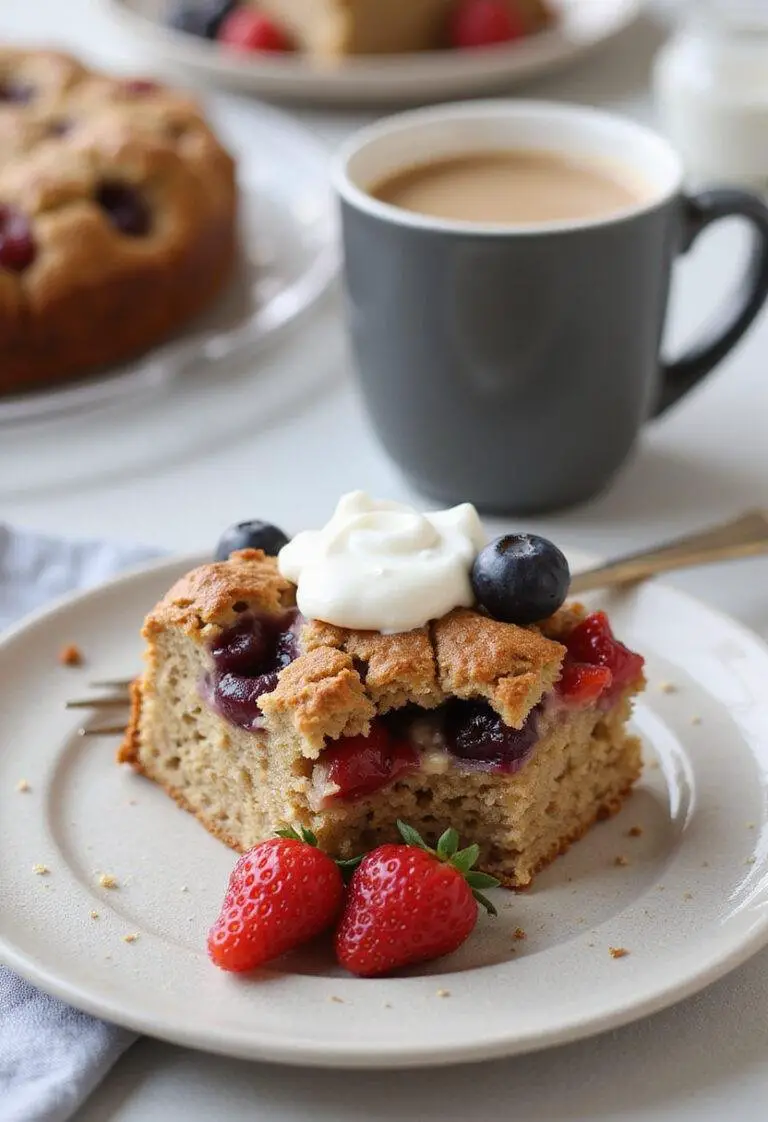 Gâteau Santé Petit-Déjeuner à l'avoine et au yaourt, une part délicieuse servie avec des fruits frais et du yaourt.