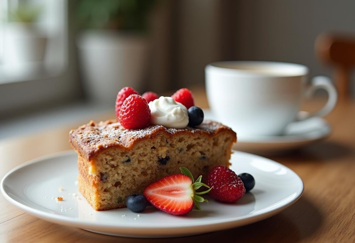 Gâteau Santé Petit-Déjeuner à l'avoine et au yaourt, une part délicieuse servie avec des fruits frais et du yaourt.