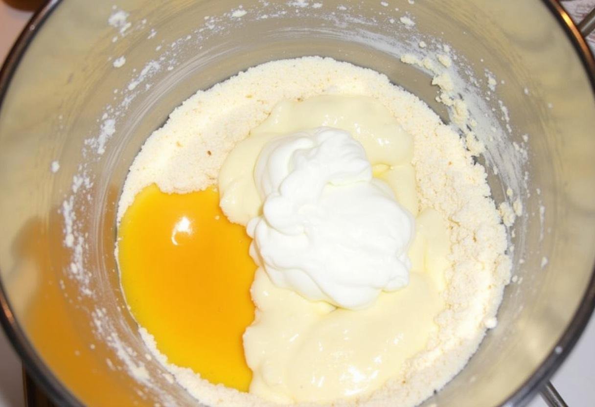 Incorporation des ingrédients humides pour le Gâteau Santé Petit-Déjeuner à l'avoine et au yaourt, mélange parfait des saveurs.