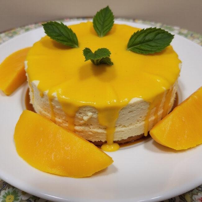 Finished Gateau à la Mangue Exotique garnished with fresh mango and mint, perfect for serving.