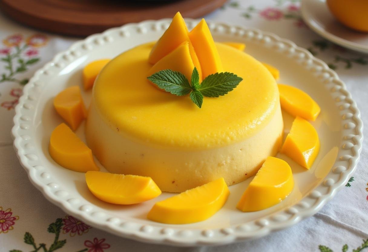 Finished Gateau Ă la Mangue Exotique garnished with fresh mango and mint, perfect for serving.
