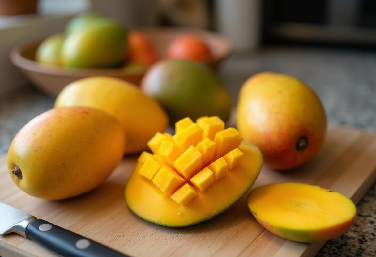 Fresh ripe mangoes ready to be sliced for Gateau Ă la Mangue Exotique.