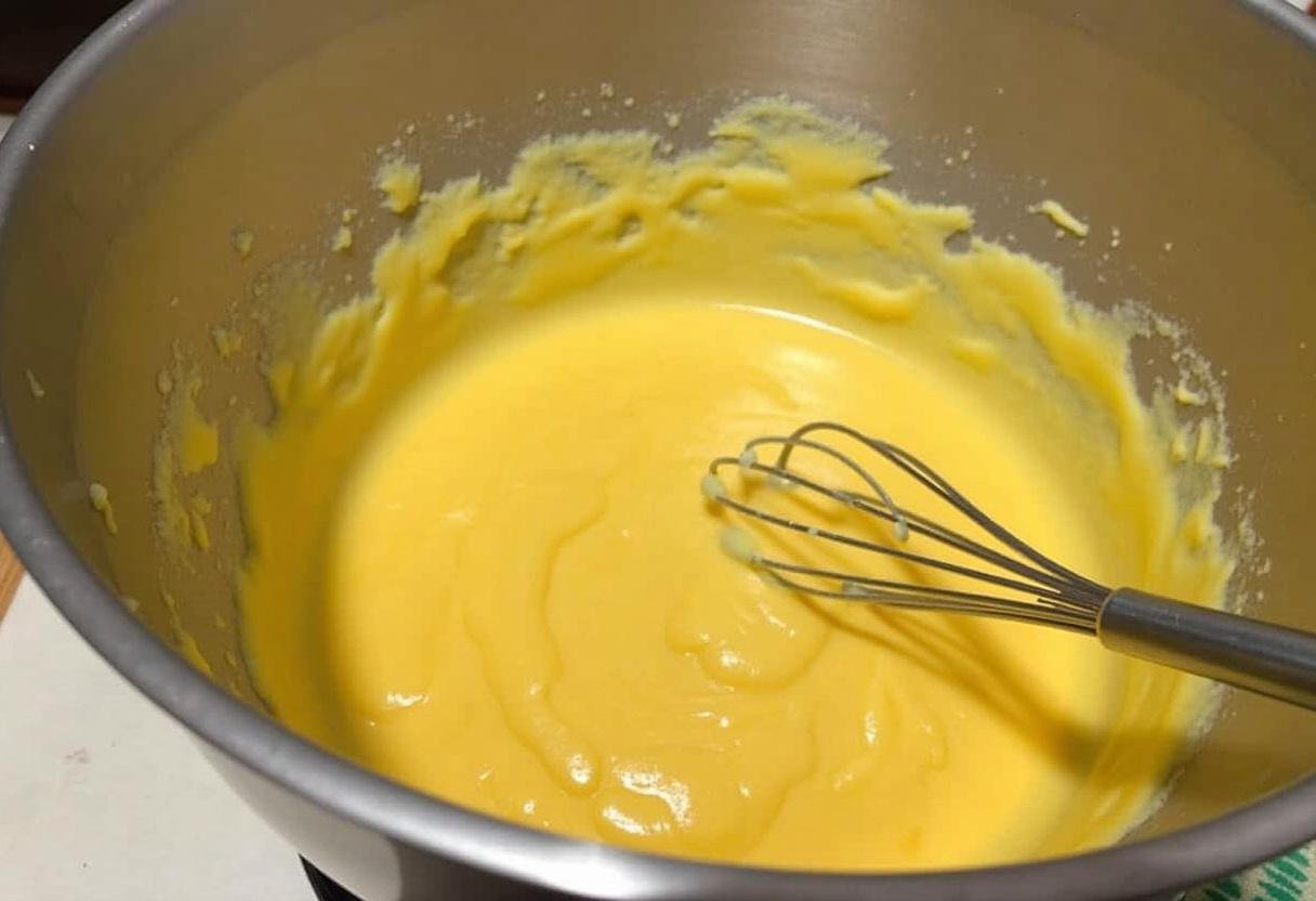 Cake batter with mango puree in a bowl for making Gateau Ă la Mangue Exotique.