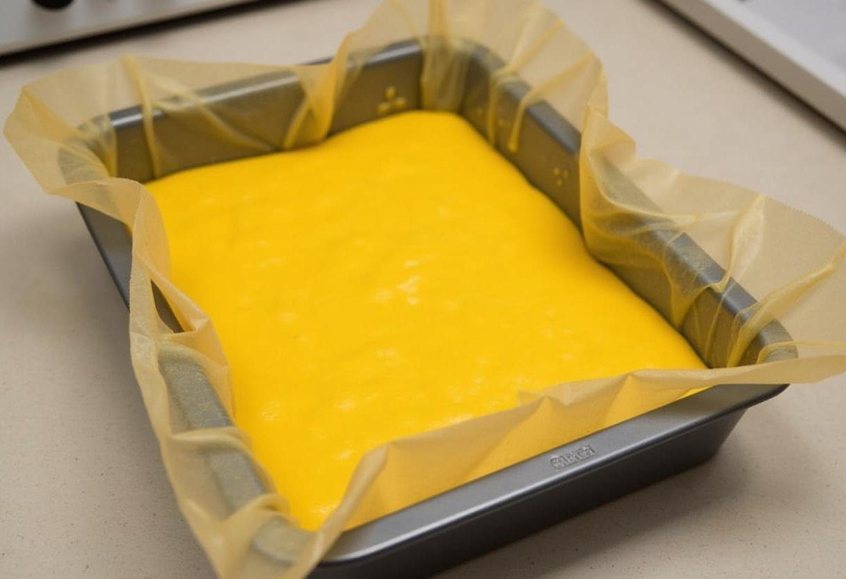 Lining a cake pan with parchment paper for baking Gateau Ă la Mangue Exotique.