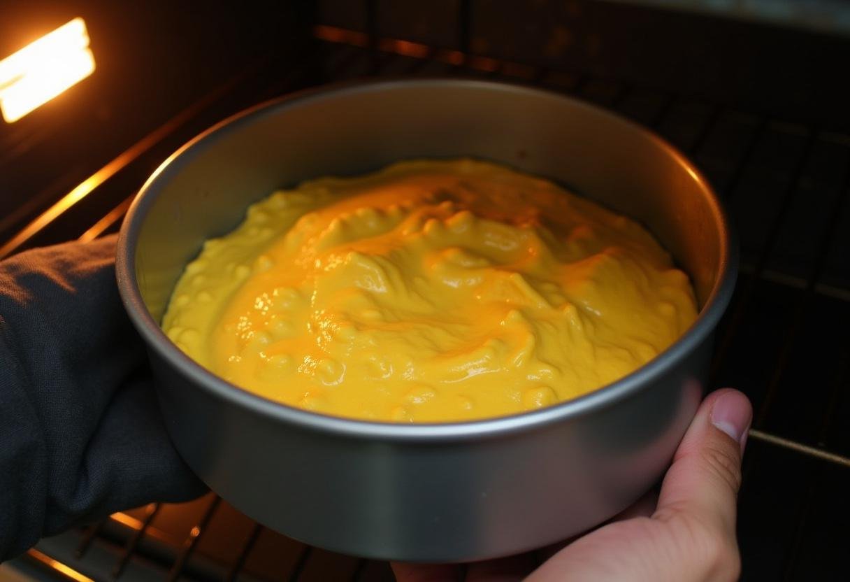 Mango cake batter being placed into the oven to bake for Gateau Ă la Mangue Exotique.
