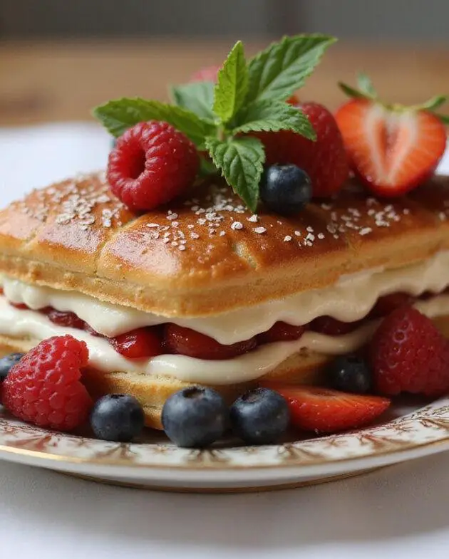Mille-feuille fini, avec un glaçage brillant, prêt à être dégusté.