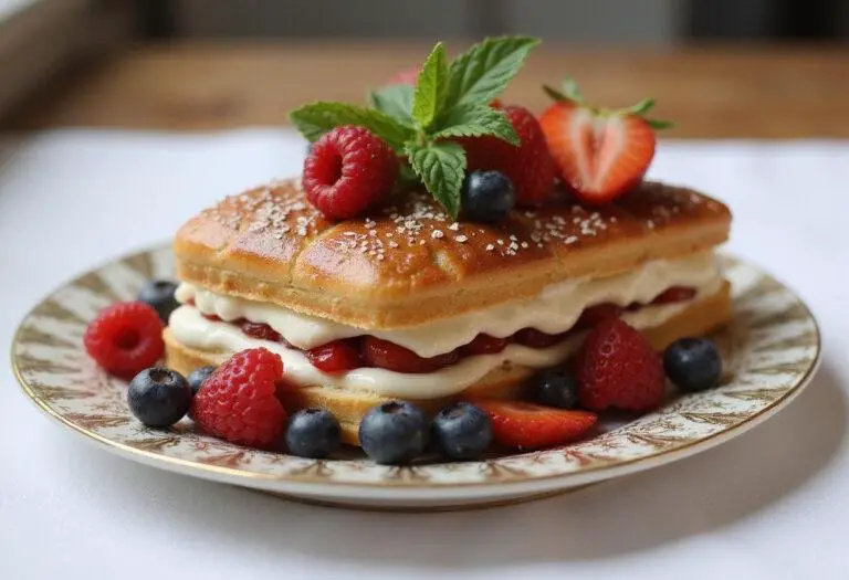 Mille-feuille fini, avec un glaçage brillant, prêt à être dégusté.