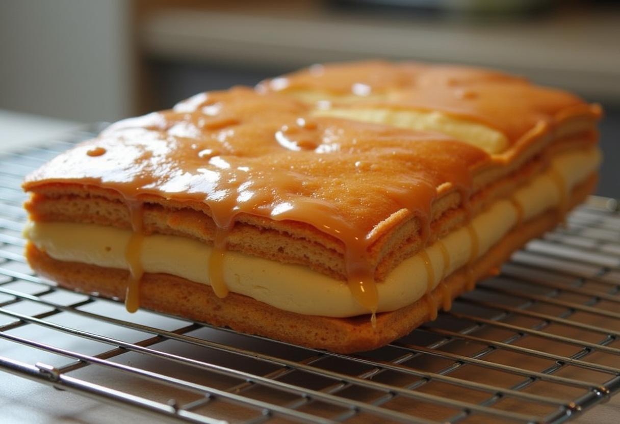 Mille-feuille chaud brillamment glacé avec le glaçage sur le dessus.