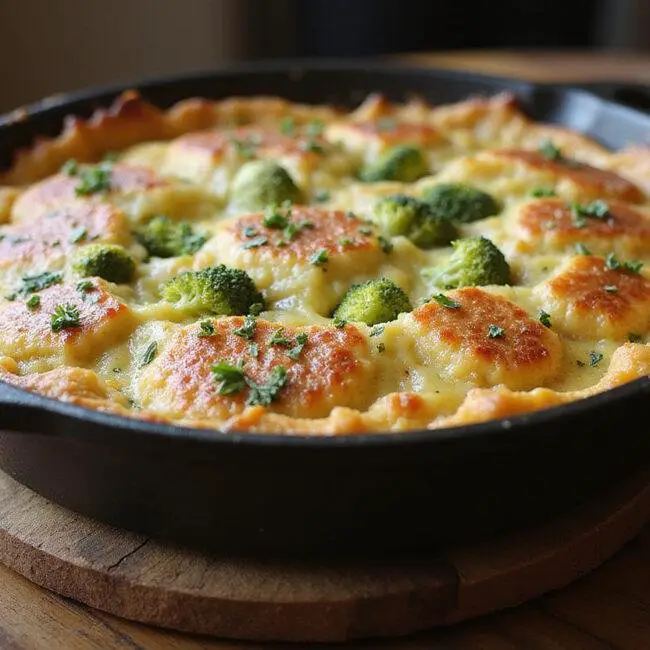 Golden-brown Gratin de Brocoli au Fromage Blanc ready to be served, perfect for a comforting meal.