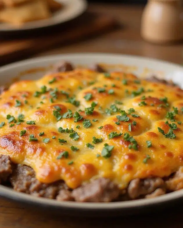 Finished Gratin de Steak Haché à l'Amish, golden and bubbly, perfect for a comforting meal.