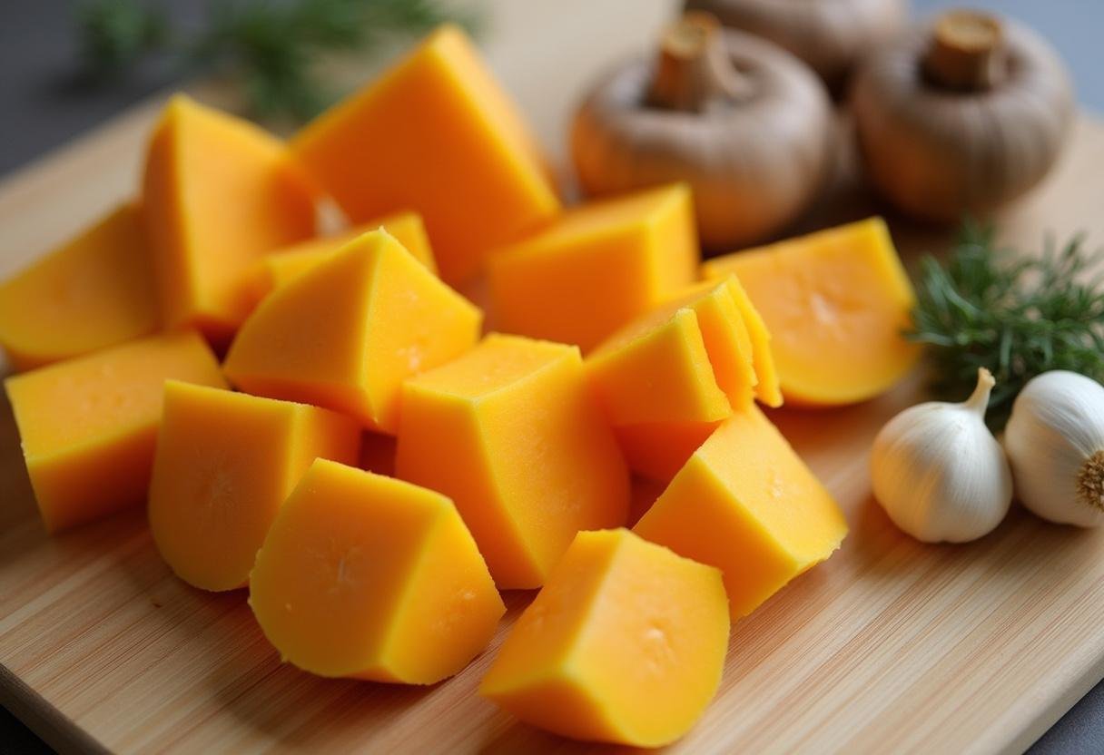 Courge butternut et champignons tranchés préparés pour les Lasagnes Butternut Champignons.