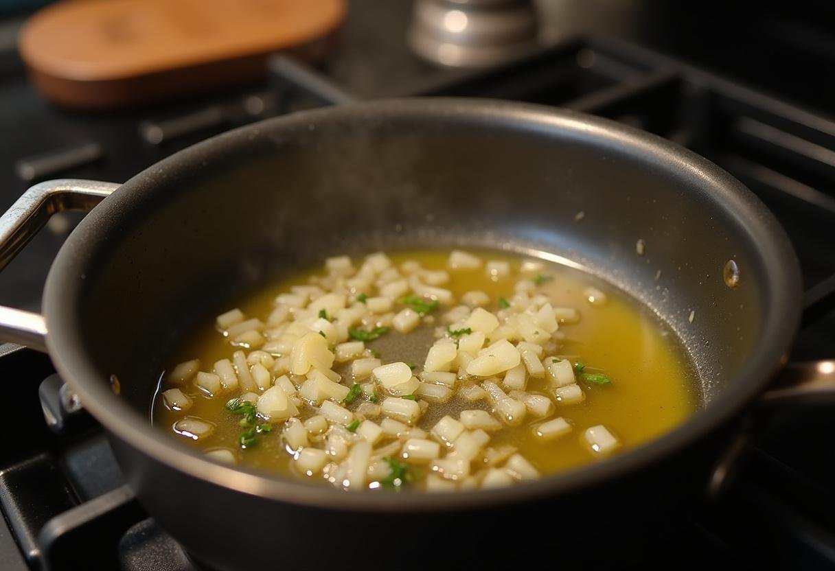 Oignons et ail coupés en dés sautés dans l'huile d'olive pour les Lasagnes Butternut Champignons.