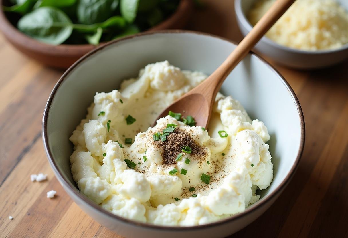 Mélange de fromage ricotta avec des herbes pour la garniture des Lasagnes Butternut Champignons.