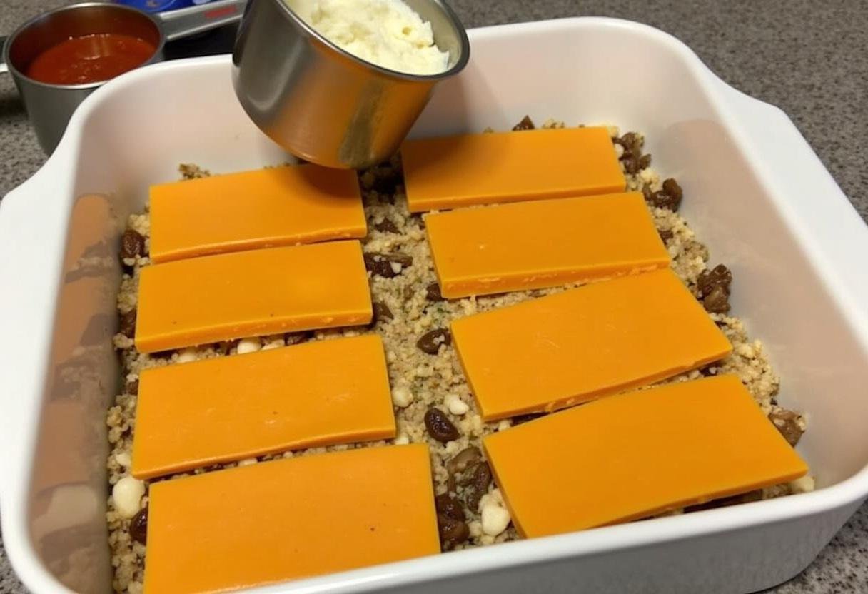Assemblage des couches de Lasagnes Butternut Champignons dans un plat de cuisson.