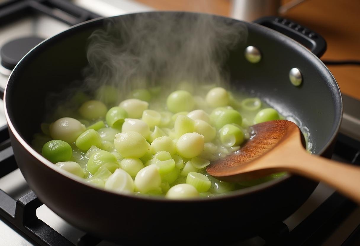 Faire sauter les poireaux dans le beurre pour la préparation des lasagnes crémeuses aux poireaux et au saumon.