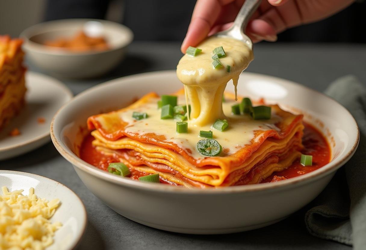 Superposition de feuilles de lasagnes fraßches avec un mélange crémeux pour les lasagnes poireaux saumon crémeuses.