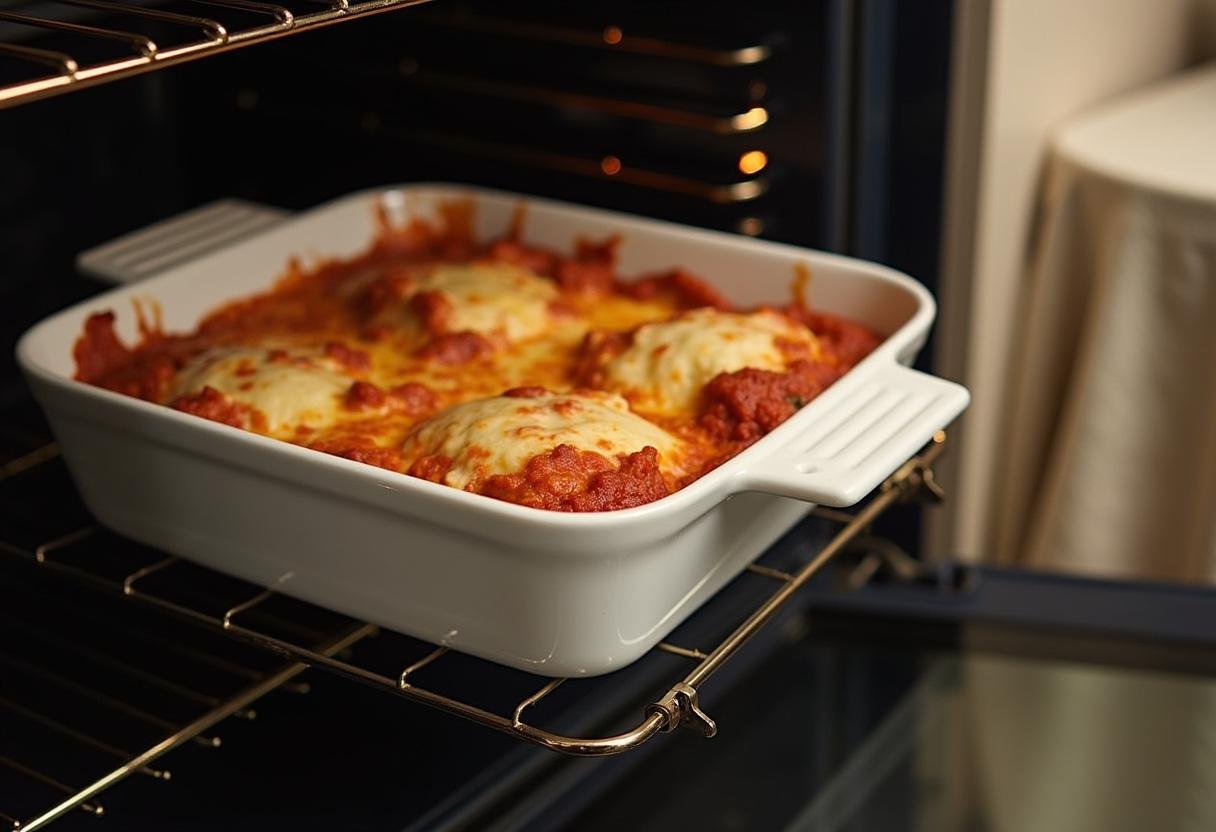 Plat de cuisson de lasagnes poireaux saumon crĂ©meuses prĂȘt Ă ĂȘtre cuit au four.