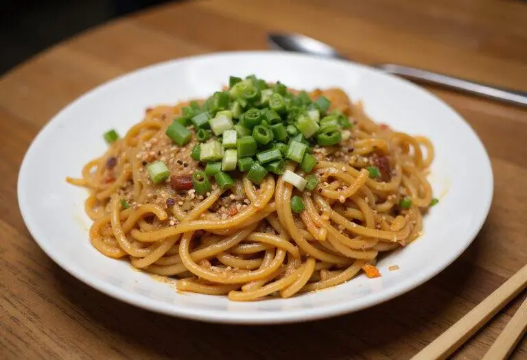 Finished Vegetarian Mei Fun with colorful vegetables and garnishes, ready to enjoy.