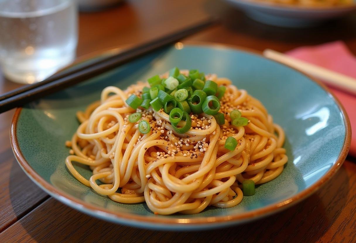 Finished Vegetarian Mei Fun with colorful vegetables and garnishes, ready to enjoy.