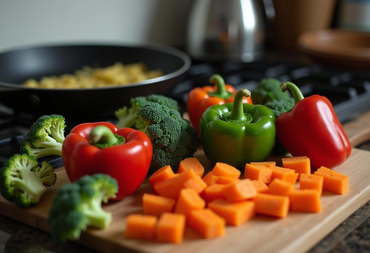 Vegetables prepared for making Vegetarian Mei Fun in a skillet.
