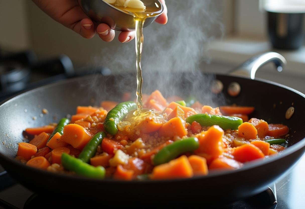 Sautéing vegetables with garlic for Vegetarian Mei Fun recipe.