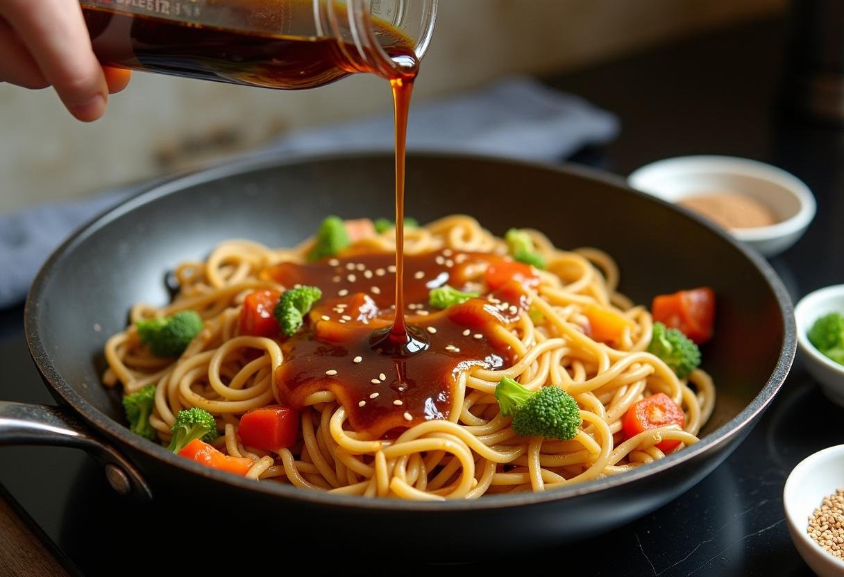 Soy sauce being added to the Vegetarian Mei Fun in a skillet for flavor enhancement.