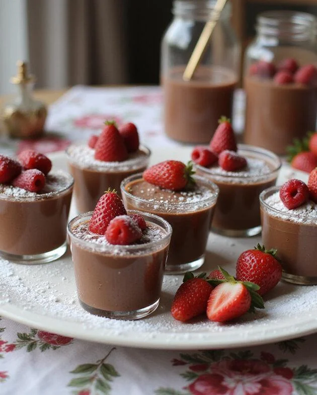 Finished Mousse au Chocolat Légère garnished with berries, ideal for elegant dining.