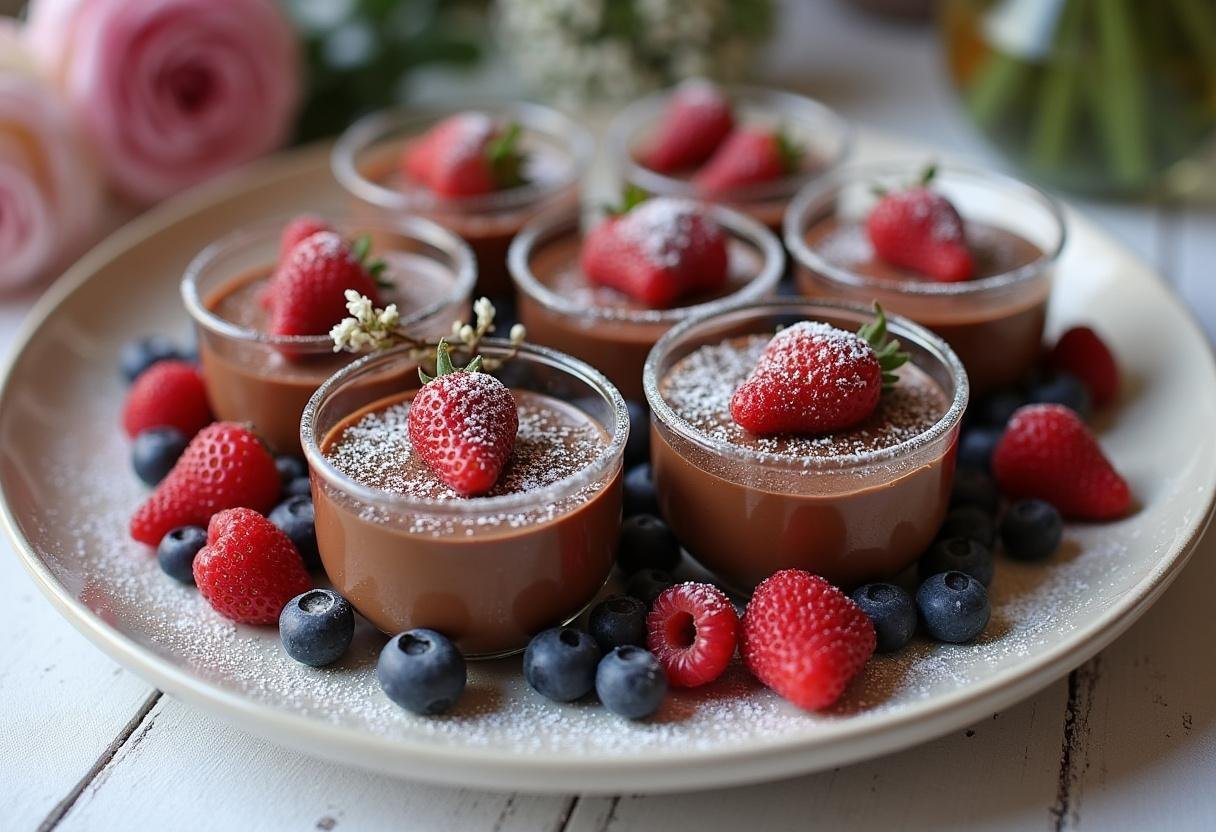 Mousse au Chocolat Légère finie, garnie de baies, idéale pour un dîner élégant.