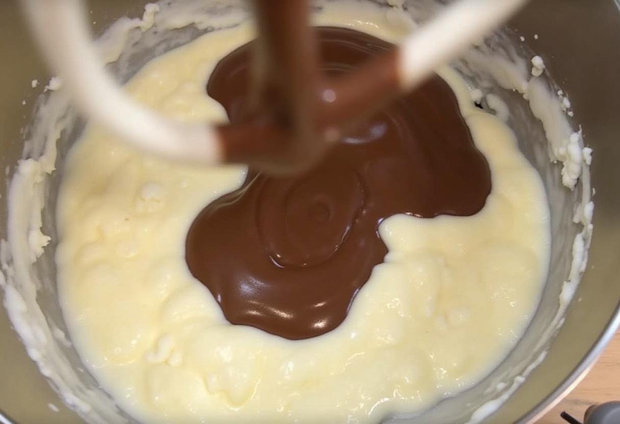Chocolat fondu incorporé aux blancs d'œufs montés pour une mousse au chocolat légère.