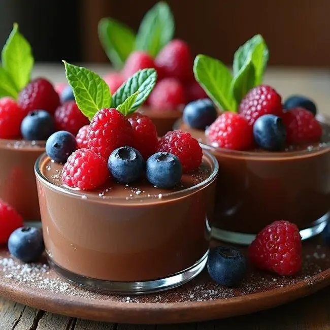 Finished vegan chocolate mousse garnished with berries and mint, perfect for vegan dessert lovers.