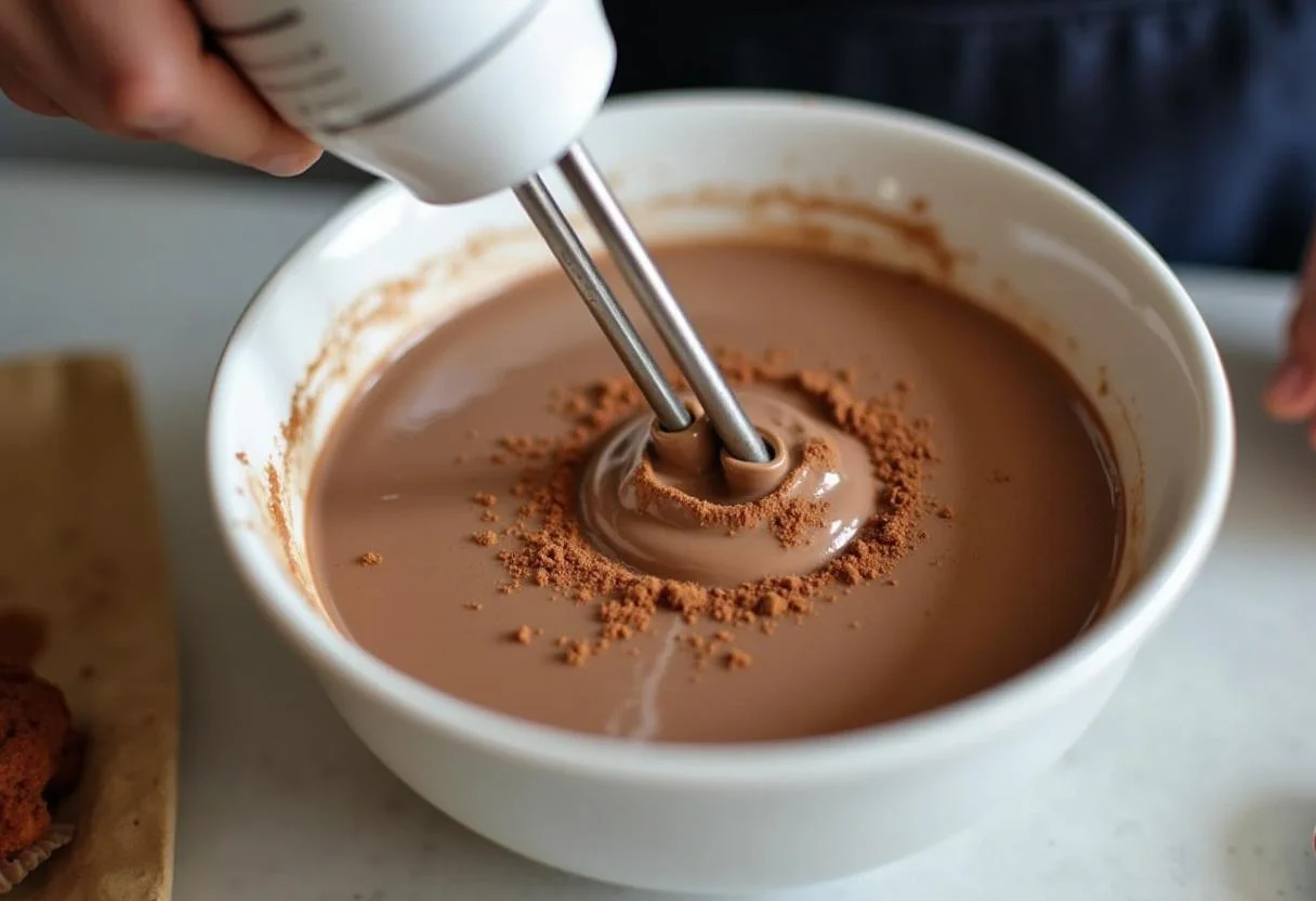 Blending silken tofu with cocoa powder and maple syrup for vegan chocolate mousse.