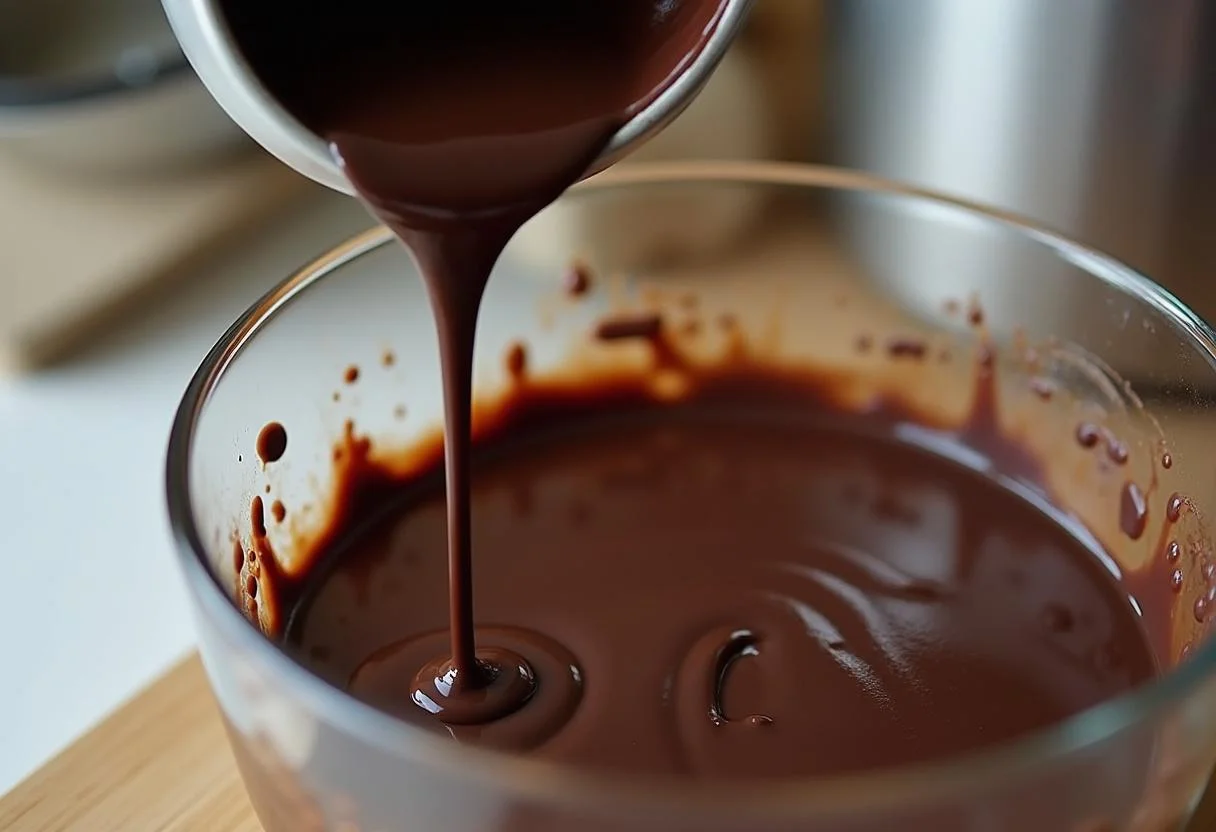 Melted dark chocolate being incorporated into the vegan mousse mixture.