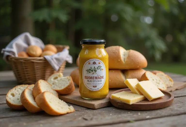 Pot de moutarde maison présenté avec du pain et du fromage pour un pique-nique.