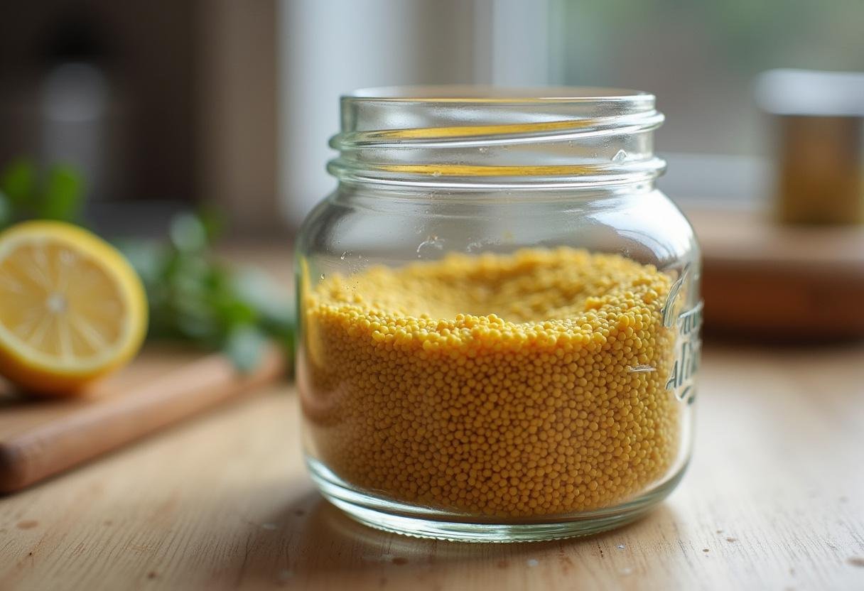 Grains de moutarde prêts pour préparer une moutarde maison simple.