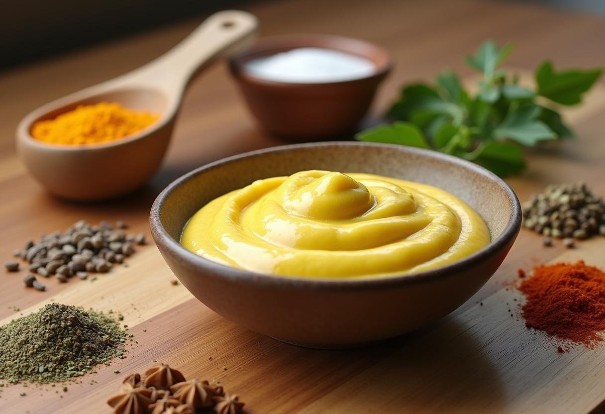 Moutarde fraîchement préparée avec des épices pour personnaliser la recette.