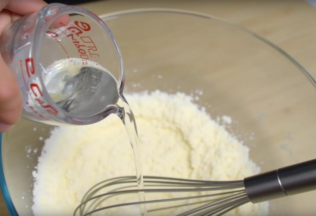 Warm water being added to dry ingredients for Muffins Focaccia Faciles preparation.