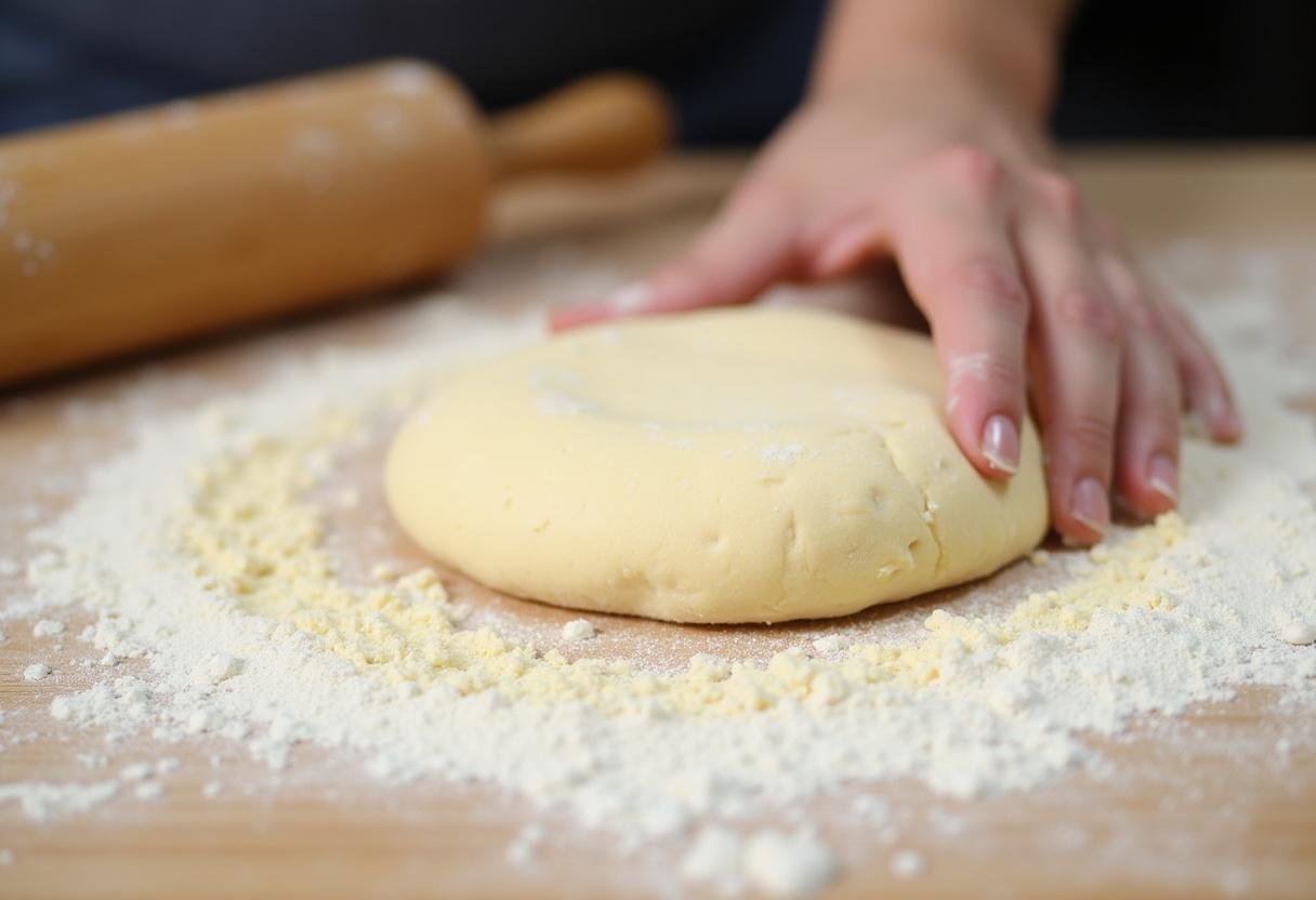 Kneading dough for Muffins Focaccia Faciles on a countertop, showcasing the texture of the dough.
