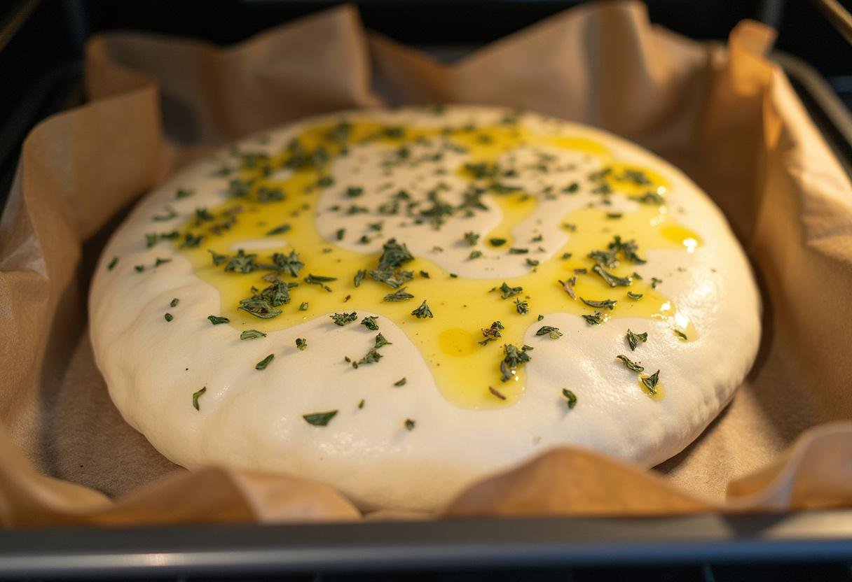 Dough for Muffins Focaccia Faciles in a baking pan, topped with herbs and olive oil before baking.