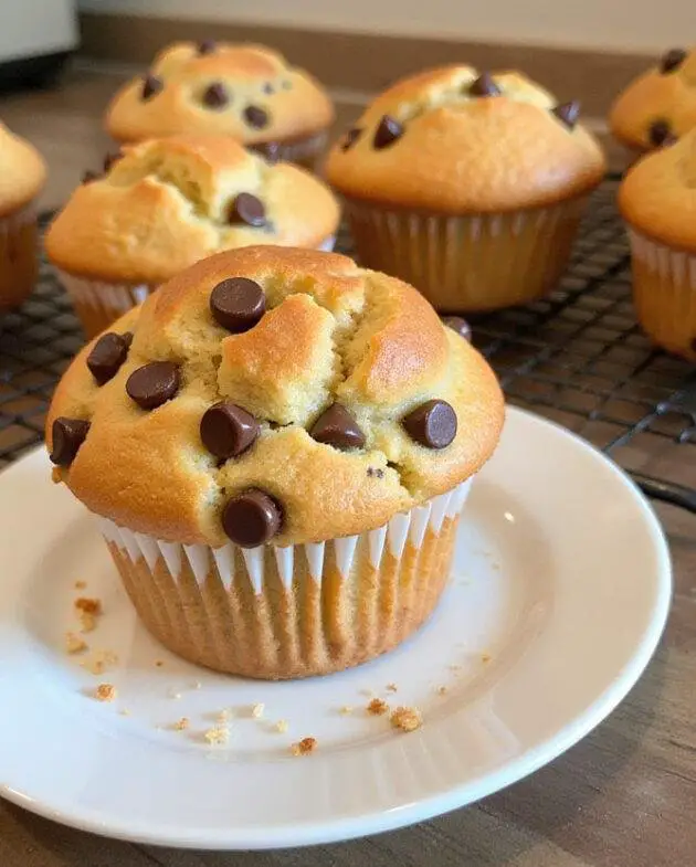 Muffins moelleux aux pépites de chocolat tout juste sortis du four, dorés et appétissants.