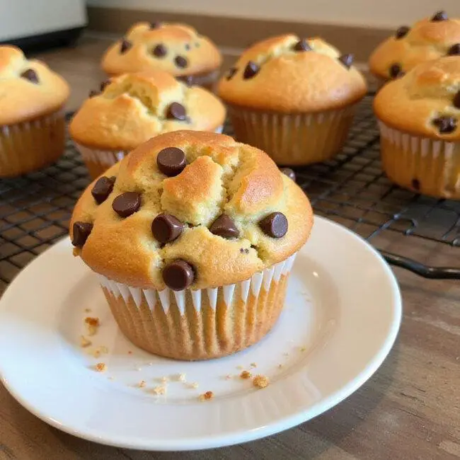 Muffins moelleux aux pépites de chocolat tout juste sortis du four, dorés et appétissants.