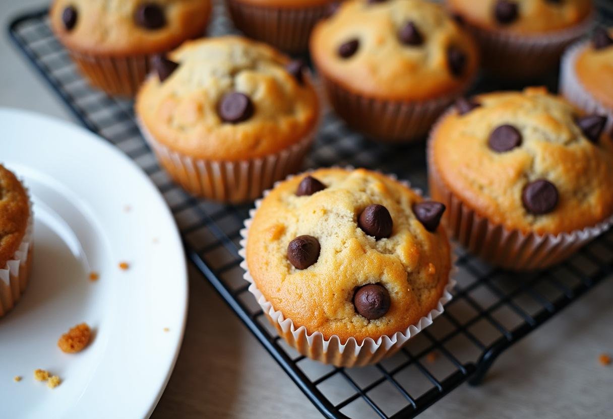 Muffins moelleux aux pépites de chocolat tout juste sortis du four, dorés et appétissants.