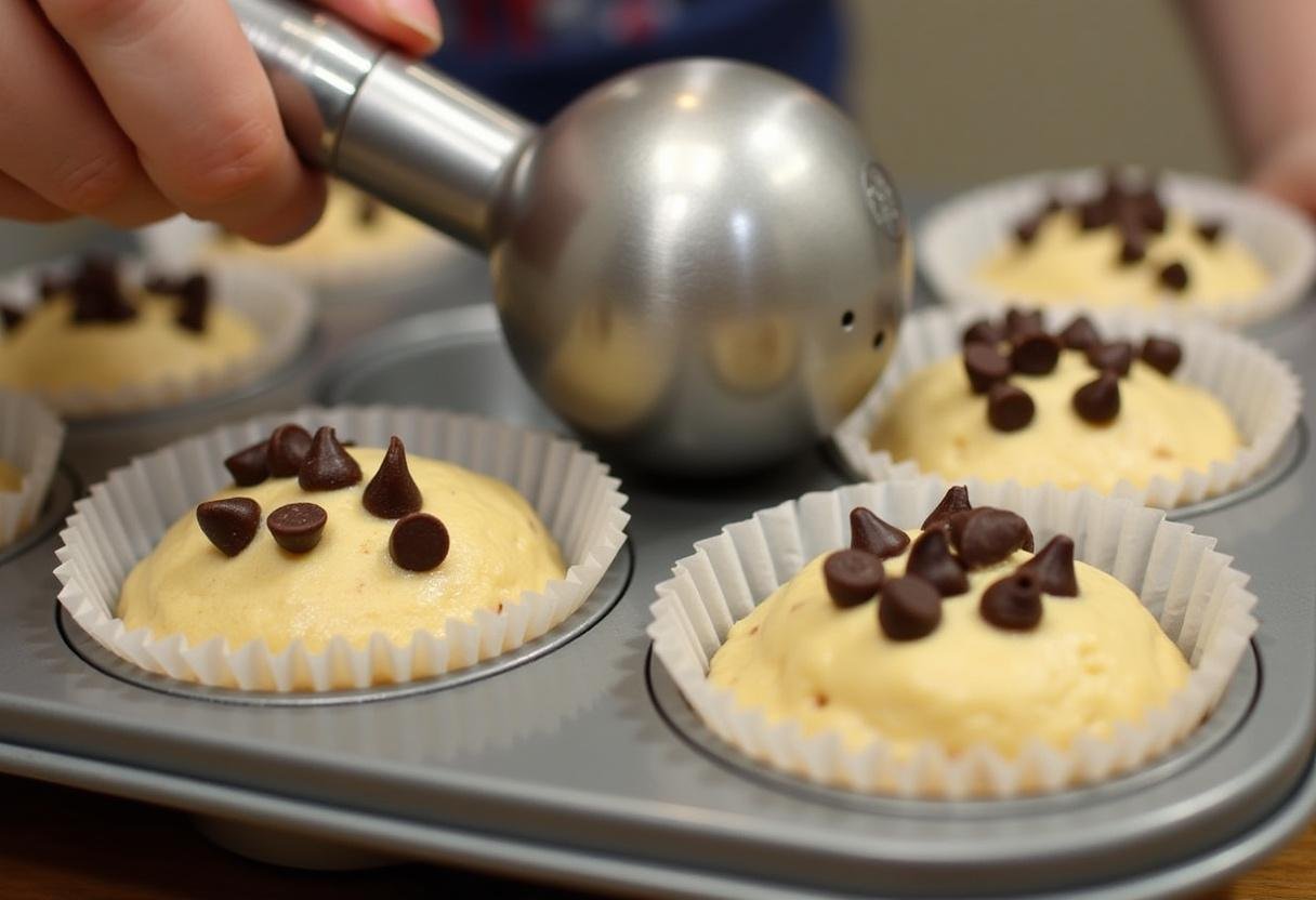 Pâte à muffin ajoutée dans des moules à muffins pour les muffins moelleux aux pépites de chocolat.