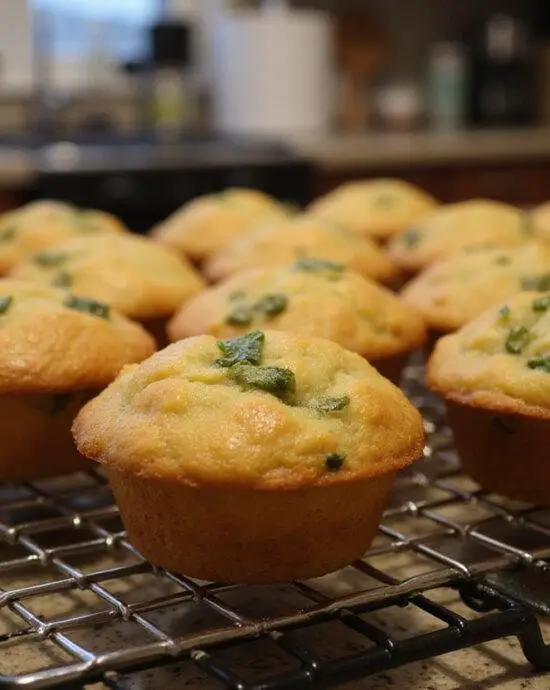 Muffins salés au cheddar, basilic et cébettes sortant du four, prêts à être dégustés.
