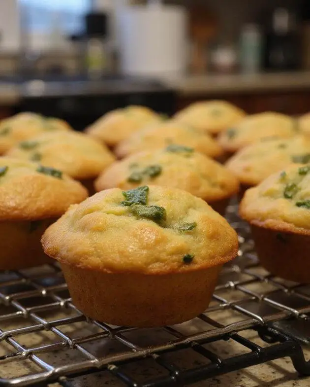 Muffins salés au cheddar, basilic et cébettes sortant du four, prêts à être dégustés.