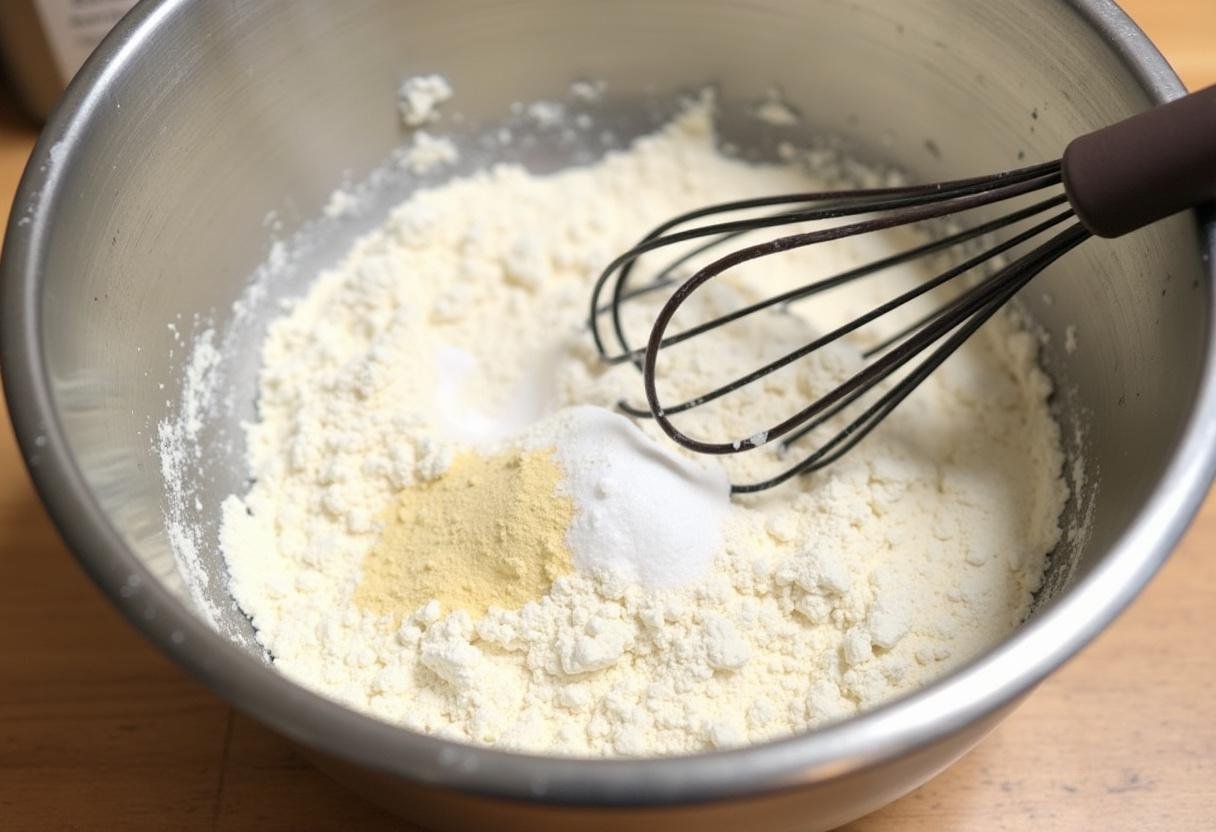 Ingrédients secs pour muffins salés au cheddar, basilic et cébettes dans un bol.
