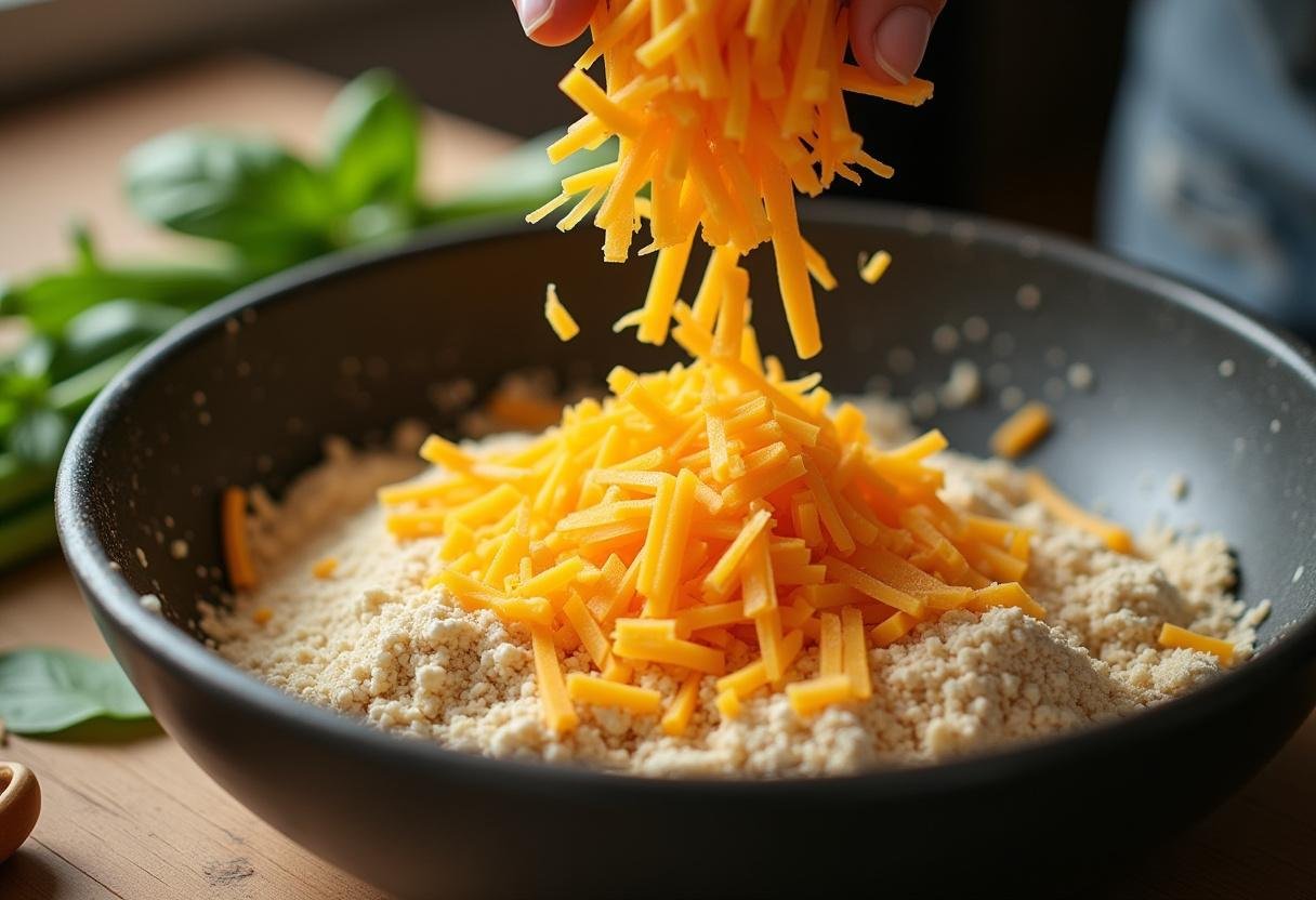 Fromage cheddar râpé ajouté aux ingrédients pour muffins salés au cheddar, basilic et cébettes.