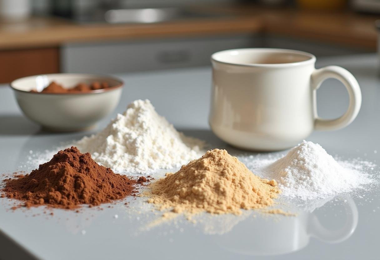 Ingrédients secs préparés pour un Mug Cake au Chocolat facile